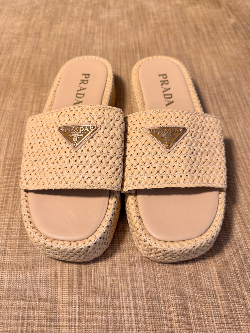Prada Raffia Tan Platform Slides - Picture 2 of 7
